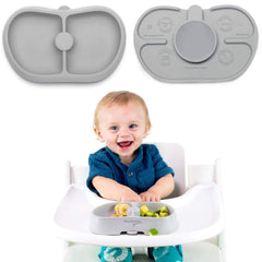 Nummy BOWL gray suction cup anchors for mess-free feeding.