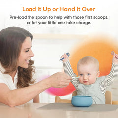 NumNum flat-design Pre-Spoon supports baby-led weaning without wrist rotation.