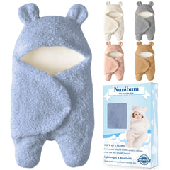 Nunibum bear swaddle blue face close-up for cozy newborn comfort