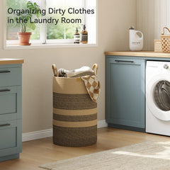 Nunsino 75L striped laundry hamper leather handles close-up highlights sturdy stitching.