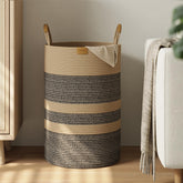 Nunsino 75L striped laundry hamper side view shows easy transport with leather handles.