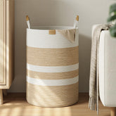 Nunsino 95L striped laundry hamper with leather handles, ideal for family laundry storage.
