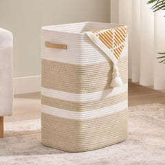 Nunsino laundry hamper front view with leather handles, stylish storage for bulky loads.