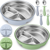 Nuogo stainless steel baby plate with suction cups keeps meals stable for mess-free feeding.