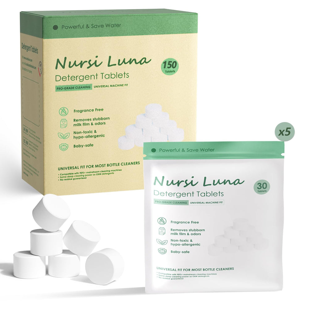 Nursi Luna tablet dissolving in water delivers quick, thorough cleaning for baby bottles.