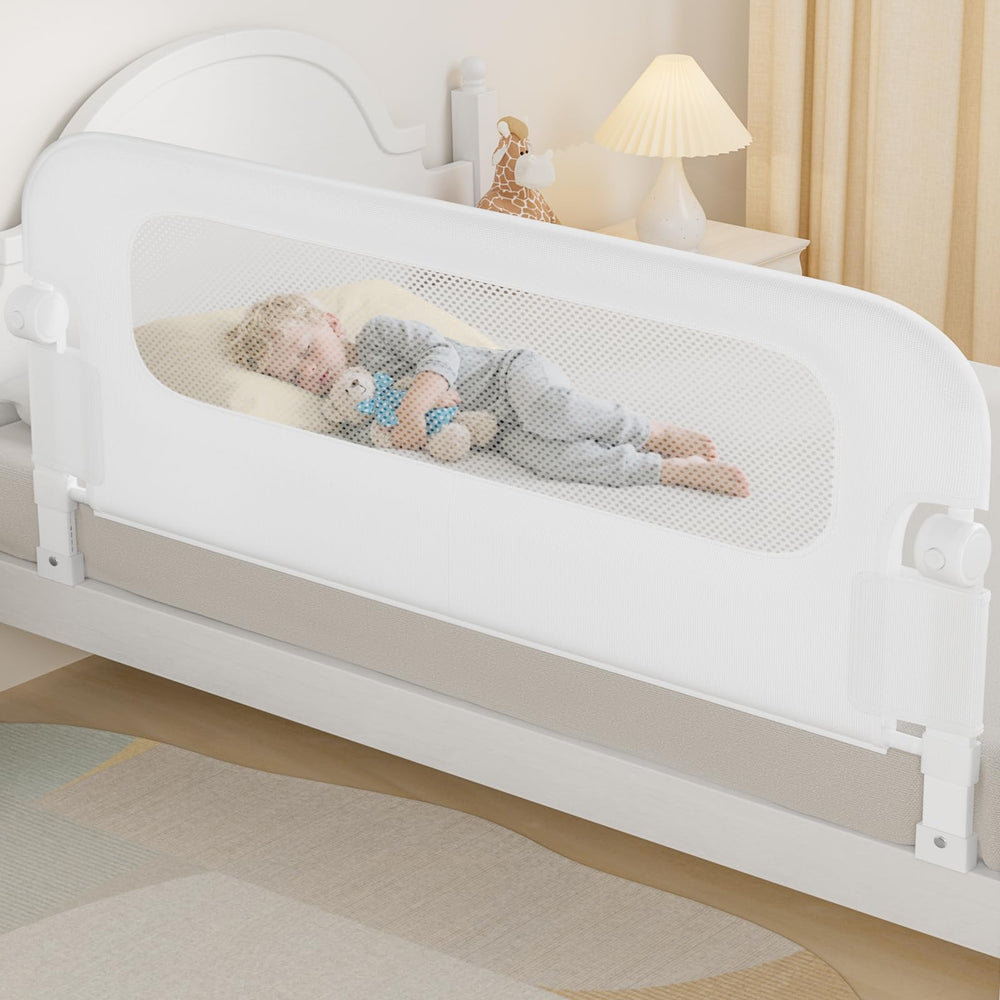 NUTIKAS 59in swing-down bed rail guard closed position adds safe sleep for toddlers.