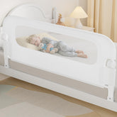 NUTIKAS 59in swing-down bed rail guard closed position adds safe sleep for toddlers.