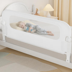 NUTIKAS 59in swing-down bed rail guard closed position adds safe sleep for toddlers.
