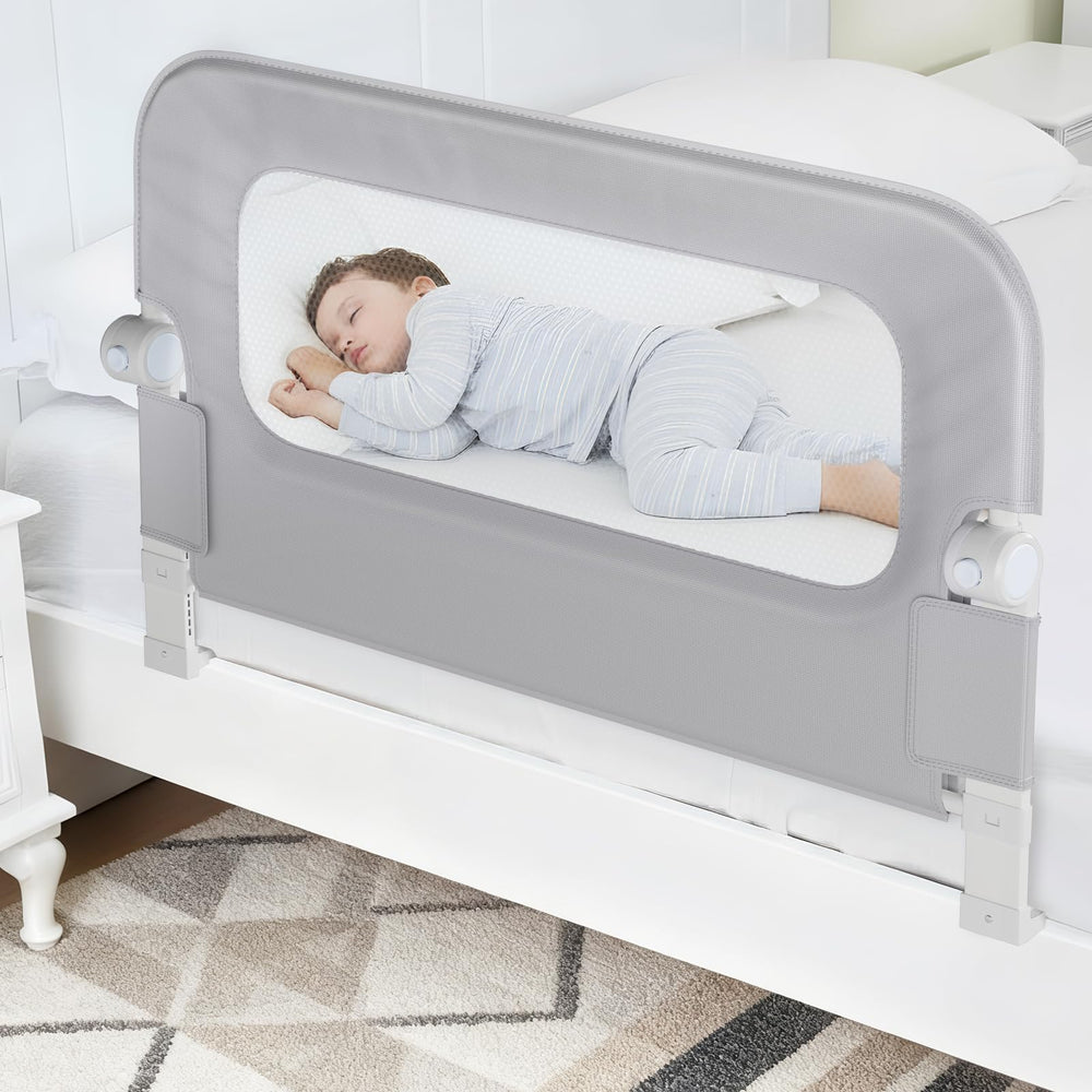 NUTIKAS bed rail guard swing-down demonstrates easy, quiet toddler access.