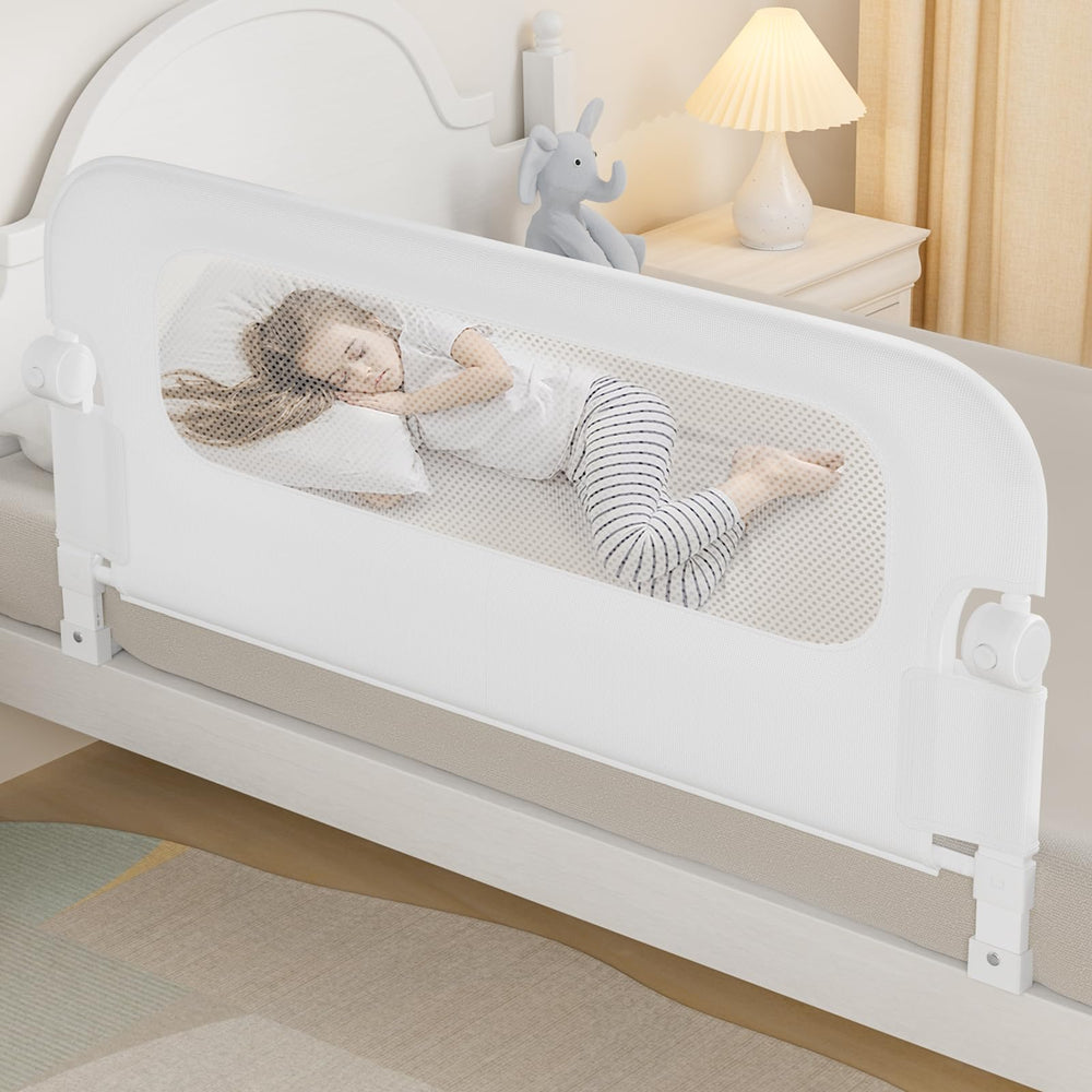 NUTIKAS baby bed rail guard in swing-down pose for easy toddler access.