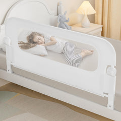 NUTIKAS baby bed rail guard in swing-down pose for easy toddler access.