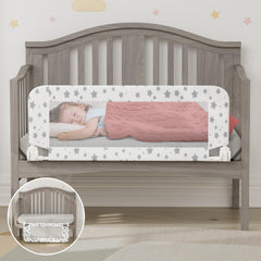 NUTIKAS crib rail guard assembly demonstrates secure attachment to a standard crib