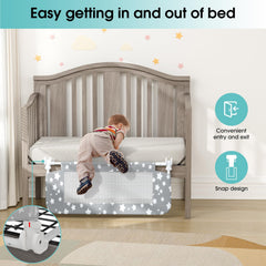 NUTIKAS crib rail guard mounted on crib frame for stability.