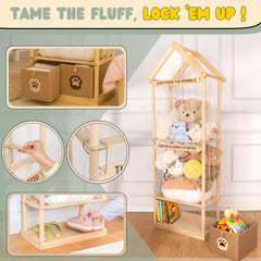 NUZZI vertical stuffed animal storage tower saves floor space in small rooms.
