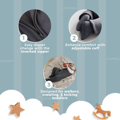Nyte Nyte Baby sleep sack gray quilted lining adds cozy support for cooler nights.
