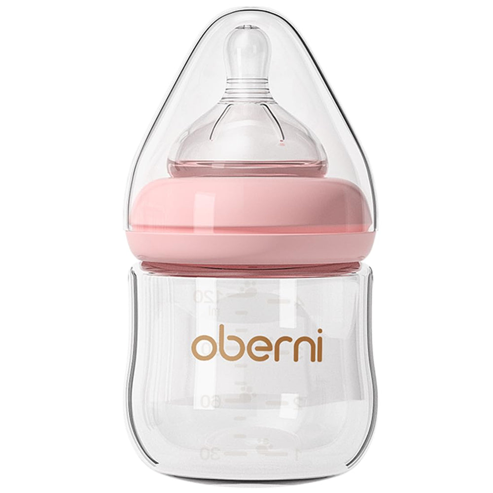Oberni glass baby bottle with anti-colic nipple for calmer feeds.