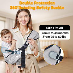 Oblitor baby carrier shows shoulder and waist belt for secure support