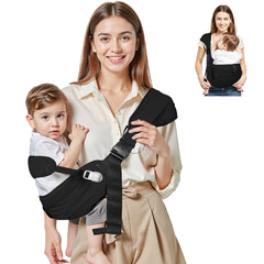 Oblitor baby carrier worn by parent with baby, showcasing hands-free mobility.