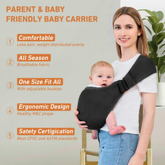 Ocanoiy Baby Sling Carrier wide shoulder strap close up demonstrating comfortable weight distribution.