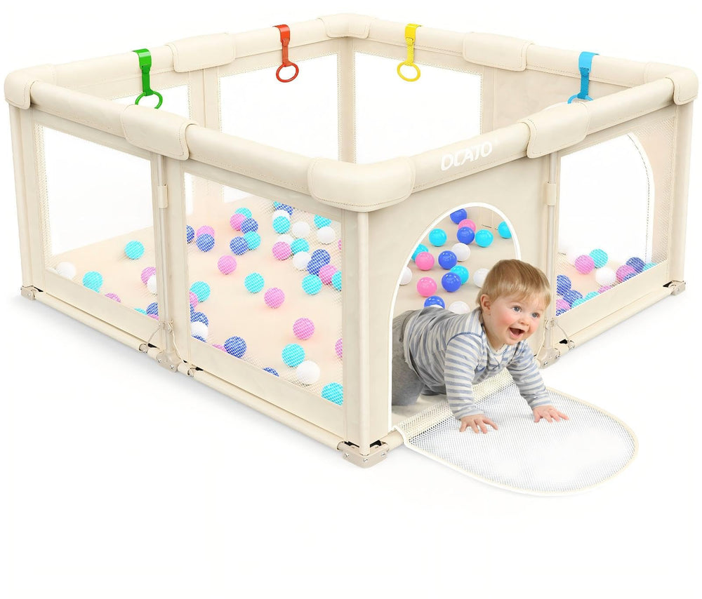 OCATO foldable playpen folded for compact storage and travel.
