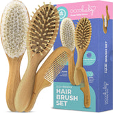 OccObaby wooden baby brush set demonstrates gentle brushing for newborns.