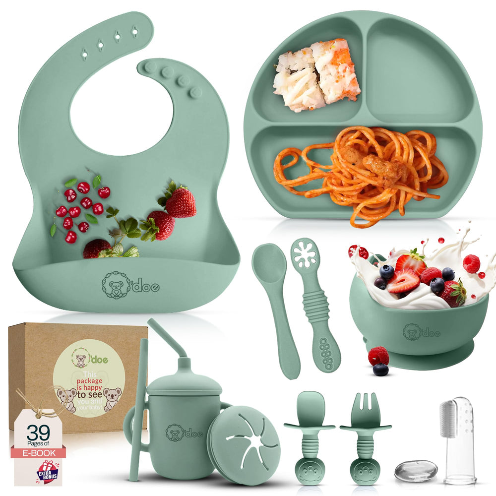 odoe 11-piece feeding set with suction plate helps little eaters self-feed neatly.