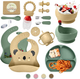O'doe 17-piece feeding set beige-green package showing strong suction and BPA-free safety