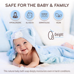 Oeight Baby Body Wash olive oil visual highlights skin nourishment from head to toe