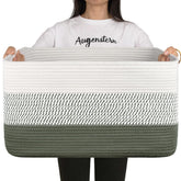 OIAHOMY large blanket basket front view with green and white rope texture and safe storage.