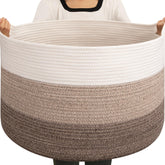 OIAHOMY 105L blanket basket gradient brown with handles, stylish living room storage for blankets.