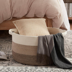 OIAHOMY 105L blanket basket gradient brown side view showing sturdy handles for easy carrying.