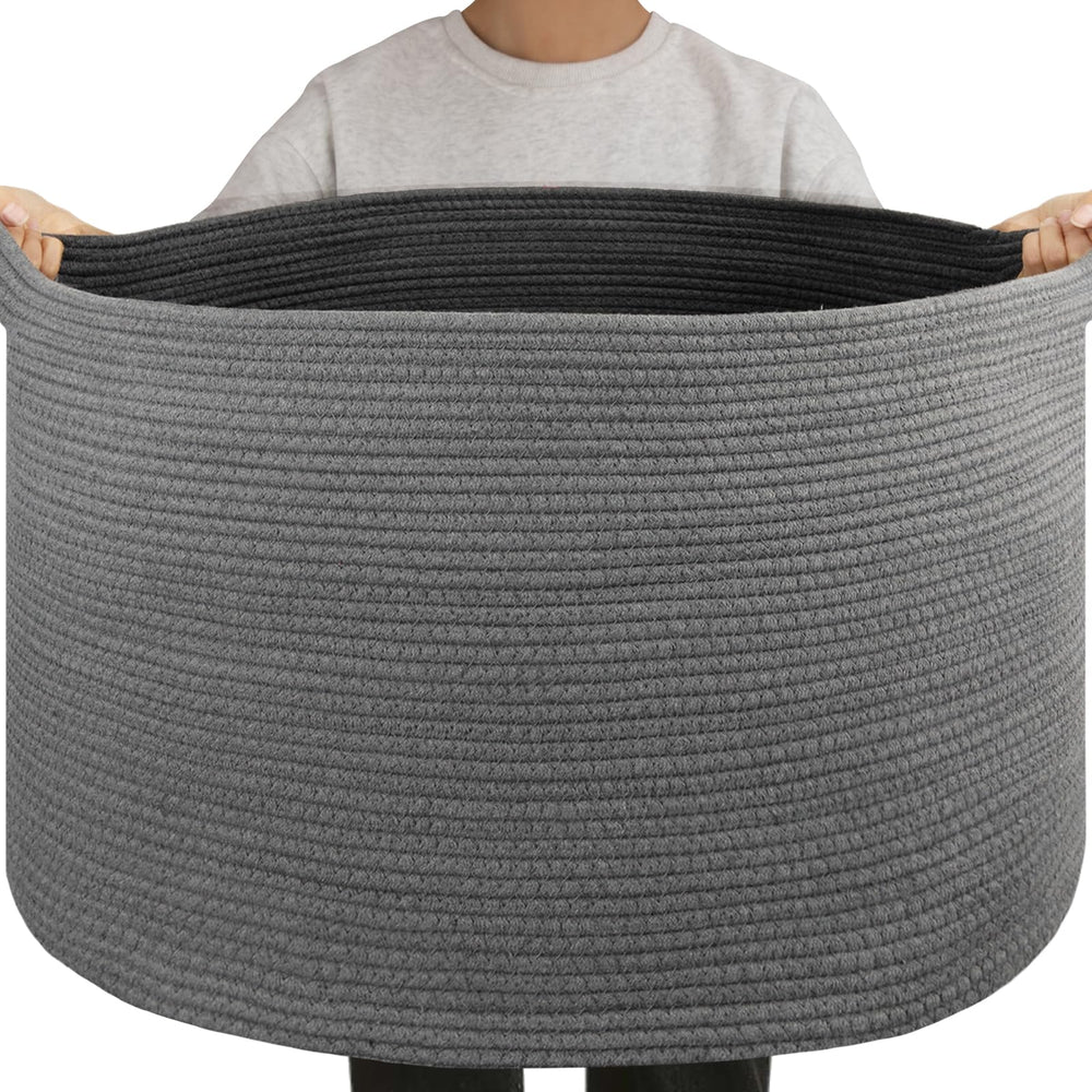 OIAHOMY 105L blanket basket side view showcases sturdy rope weave for durable storage.