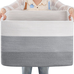 OIAHOMY 108L cotton rope basket front view showing ample blanket storage.