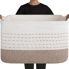 OIAHOMY 108L rectangle blanket basket close-up showing woven cotton rope texture for durability.