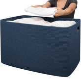 OIAHOMY 118L cotton rope basket blue front view highlights roomy blanket storage