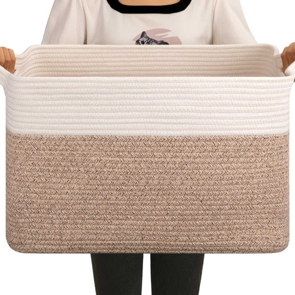 OIAHOMY 65L blanket basket front view in brown and white weave for cozy living room storage