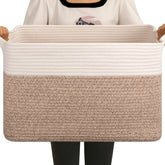 OIAHOMY 65L blanket basket front view in brown and white weave for cozy living room storage