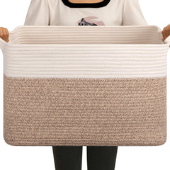 OIAHOMY 65L blanket basket front view in brown and white weave for cozy living room storage