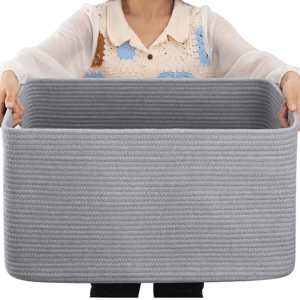 OIAHOMY 75L blanket basket front view emphasizes spacious storage and soft cotton rope
