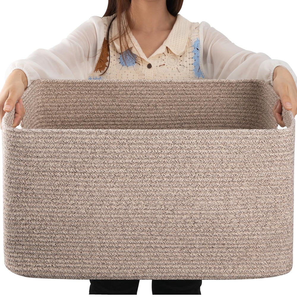 OIAHOMY 75L basket front view shows versatile storage for blankets and toys.