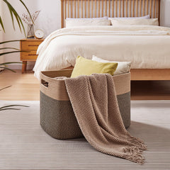 OIAHOMY blanket basket shows 25x16x16 dimensions for spacious storage.