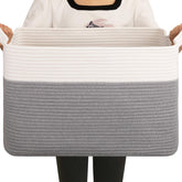 OIAHOMY blanket basket gray white shows sturdy cotton rope storage for blankets.