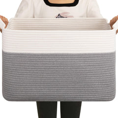 OIAHOMY blanket basket gray white shows sturdy cotton rope storage for blankets.