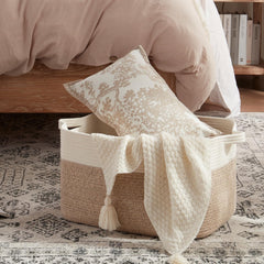 OIAHOMY blanket basket handles close-up showing double-stitched grip for easy transport