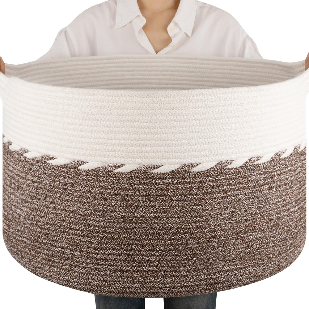 OIAHOMY blanket basket in living room setup, stylish storage for blankets and throws