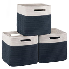 OIAHOMY cube storage basket 11inch white-blue, ideal for closet organization.