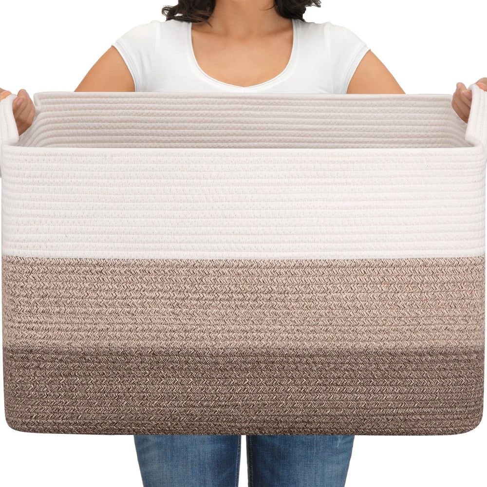 OIAHOMY extra large blanket basket gradient brown showing generous capacity for blankets and toys.