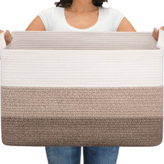 OIAHOMY extra large blanket basket gradient brown showing generous capacity for blankets and toys.