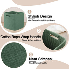 OIAHOMY green storage basket organizing towels and toiletries in bathroom.