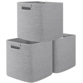 OIAHOMY grey cotton rope storage cube close-up showing reinforced handles for easy carrying.